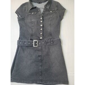 Fourteen Twelve Black Denim Mini Dress Short Sleeve Belted Button Front XL 2605